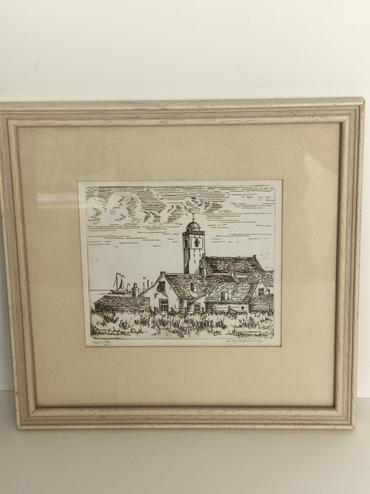 Oude ets van Katwijk aan Zee - Dorpsgezicht, Antiek en Kunst, Ophalen of Verzenden, Stadsgezicht, Ets, Gesigneerd