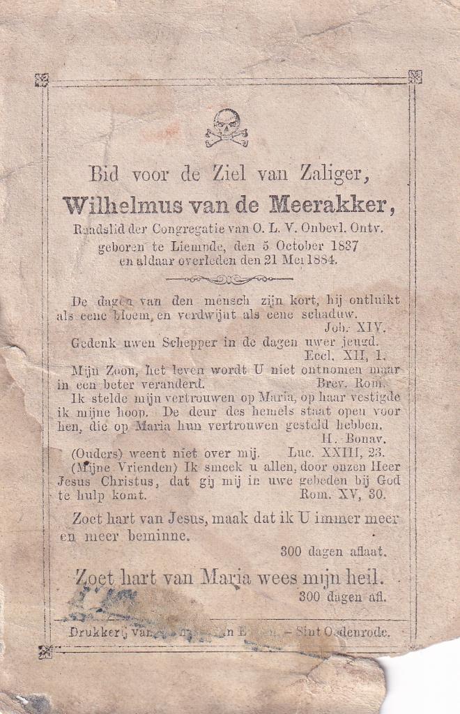 Meerakker Wilhelmus 1837 Liempde 1884, Ophalen of Verzenden, Bidprentje