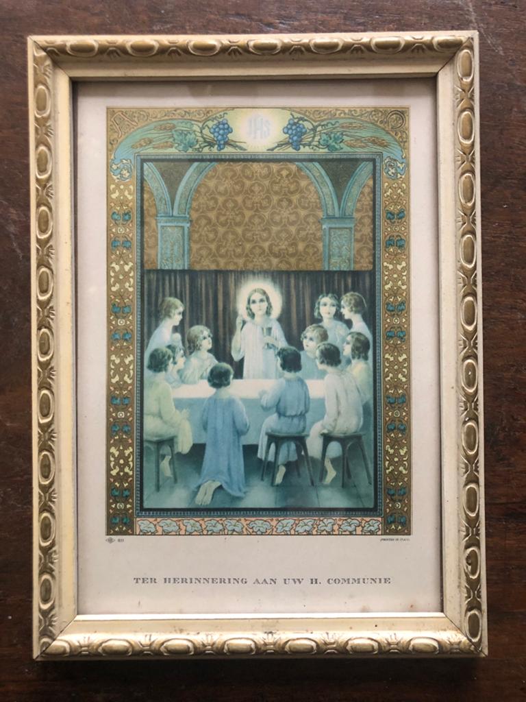 Oude Religieuze Prent Eerste Heilige Communie - Ingelijst, Antiek en Kunst, Ophalen of Verzenden