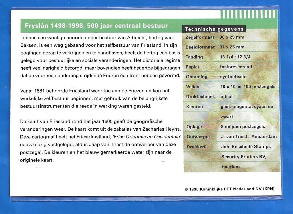 Postzegelmapje 191 - Fryslân 500 1998, Postzegels en Munten, Verzenden, Na 1940, Postfris