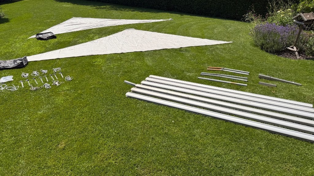 Umbrosa Ingenua Schaduwdoeken, palen en grondankers, Tuin en Terras, Schaduwdoeken, Ophalen, Gebruikt