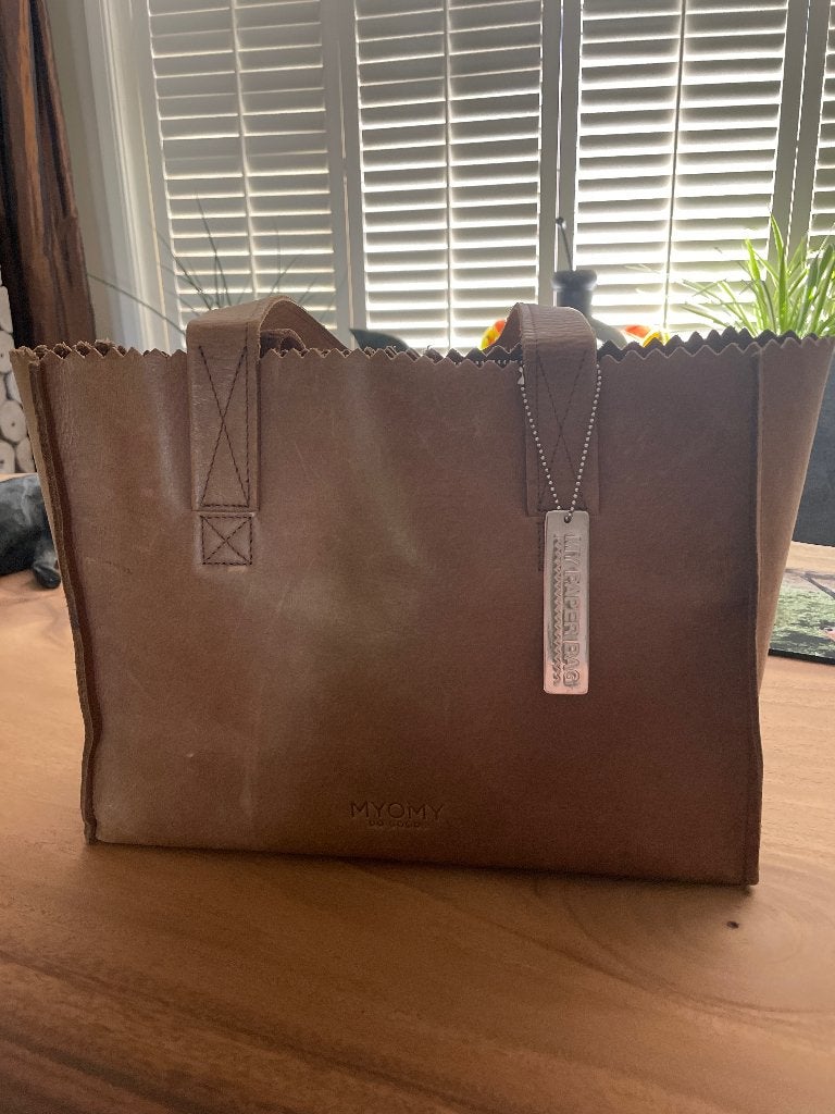 Myomy paper bag bruin leer., Ophalen of Verzenden, Gebruikt, Bruin, Handtas