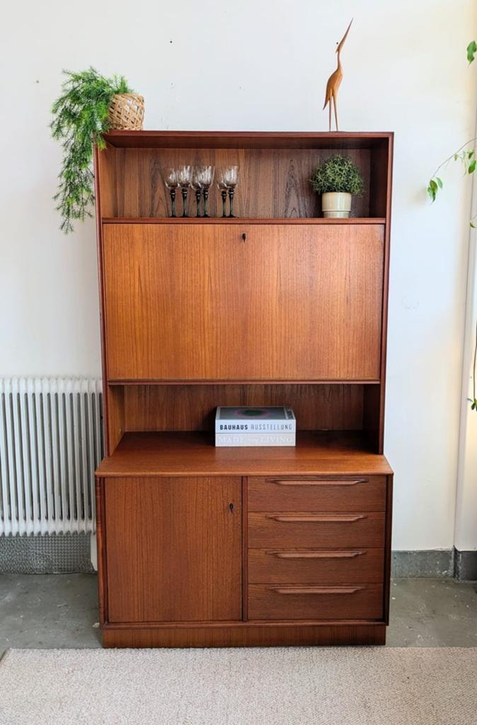 Vintage teakhouten boeken/barkast (Heinrich Riestenpat), Ophalen, Gebruikt, ., Vintage