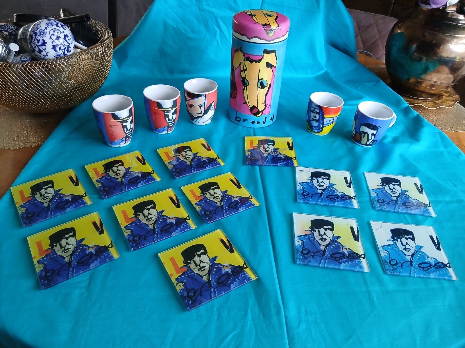 herman brood onderzetters beschuitbus en mokjes, Ophalen of Verzenden