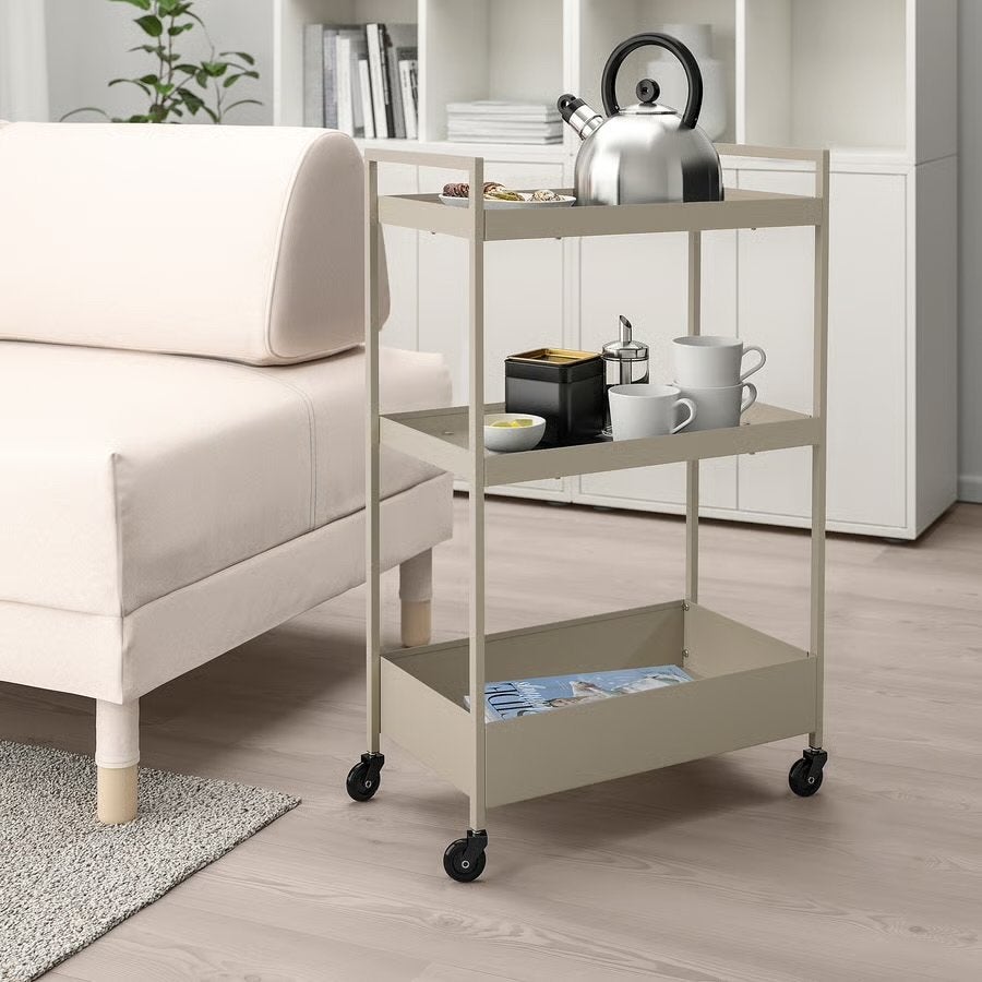 Verrijdbare serveerwagen/barcart met 3 niveaus, Ophalen, Zo goed als nieuw, Grijs, Metaal