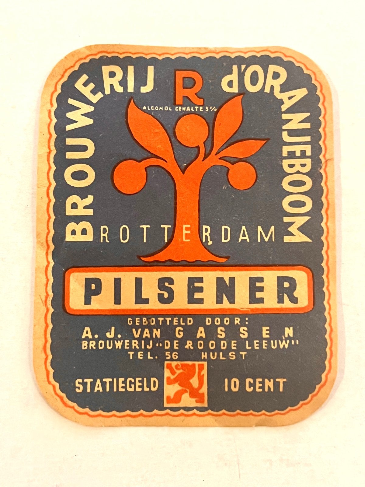 Antiek Oranjeboom Pilsener bierfles etiket Rotterdam, Verzenden, Gebruikt