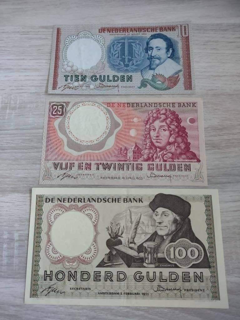 Setje heel mooie biljetten 10, 25 en 100 gulden jaren 50, Ophalen of Verzenden, 100 gulden