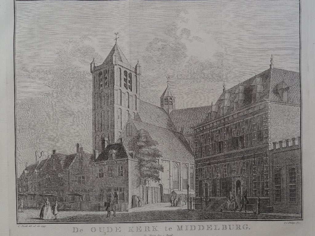 gravure de oude kerk te Middelburg, Pronk 1743, uitg Tirion, Ophalen of Verzenden, Origineel