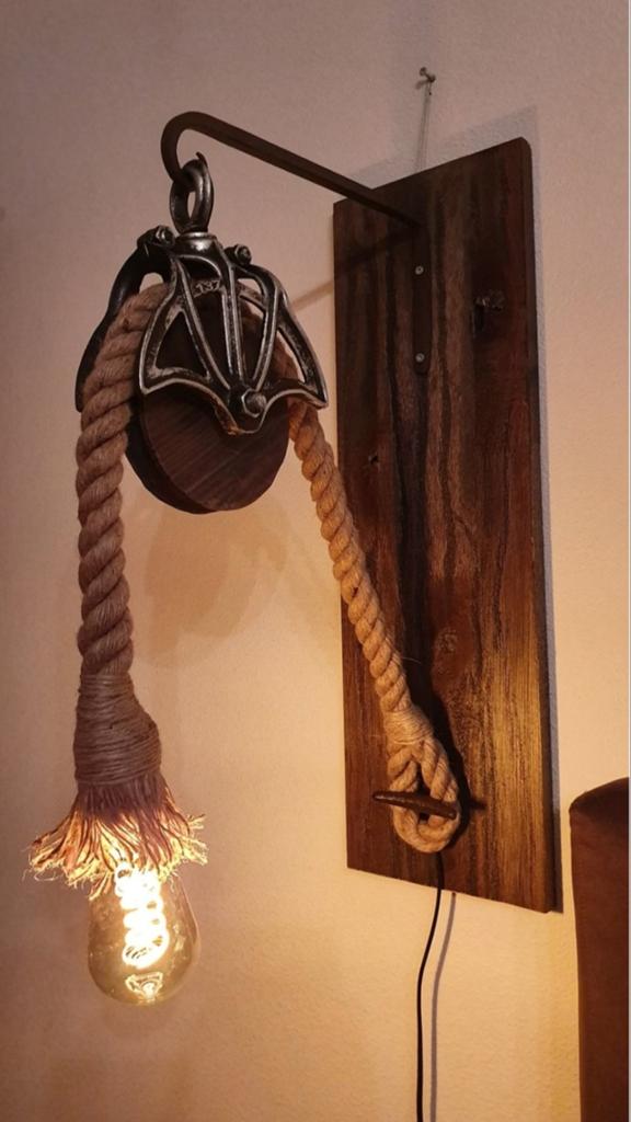 Stoere Industriële Katrol Wandlamp met Touw en Edison Lamp, Huis en Inrichting, Lampen | Overige, Gebruikt, Ophalen of Verzenden