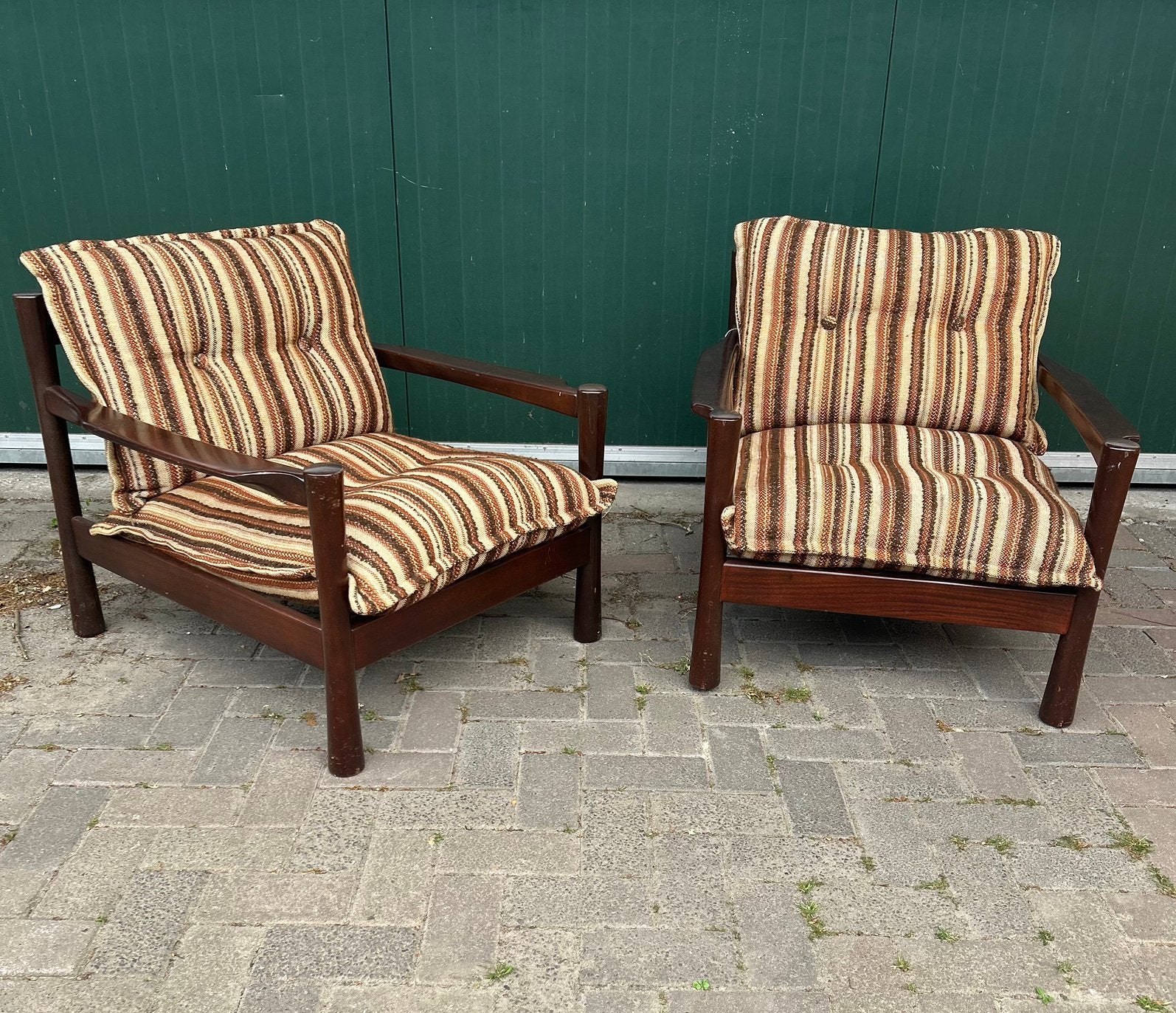 2 vintage 70’s gestreepte lounge chairs/ fauteuils, bruin, Ophalen, Vintage, ?, Zo goed als nieuw