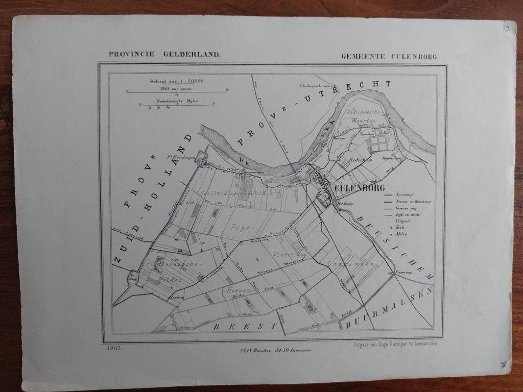 39 / Culemborg Redichem De Lek Litho uit 1867 van J. Kuyper, Ophalen of Verzenden