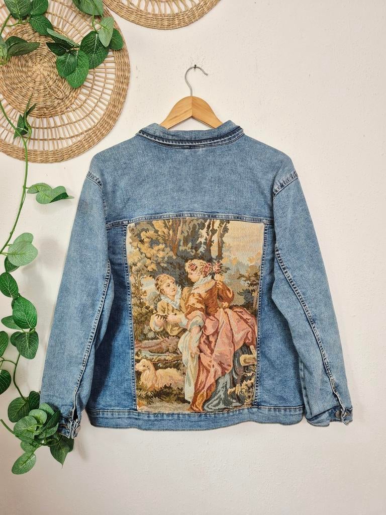 Upcycled denim jack met tapestry gobelin stof XL, Blauw, Maat 46/48 (XL) of groter, Ophalen of Verzenden, Zo goed als nieuw