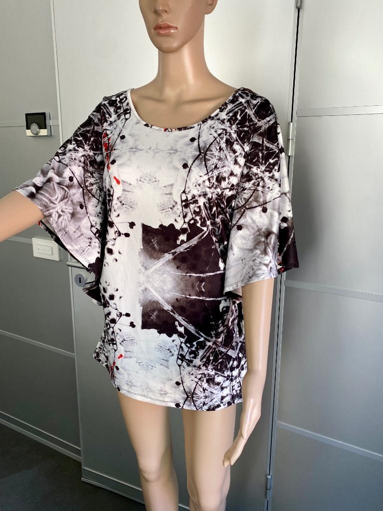 J434 Les Amies mt. 42=L lang top shirt blouse wit/rood/zwart, Kleding | Dames, Wit, Maat 42/44 (L), Ophalen of Verzenden, Zo goed als nieuw