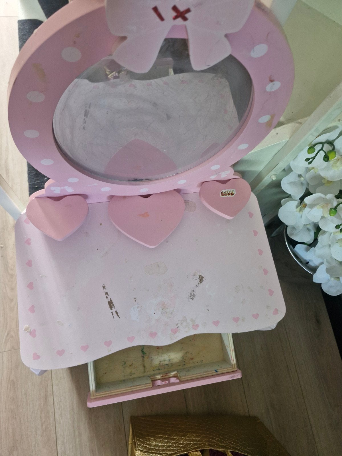 Roze kaptafel met spiegel en stoeltje voor kinderen, Ophalen, Gebruikt, Tafel(s)