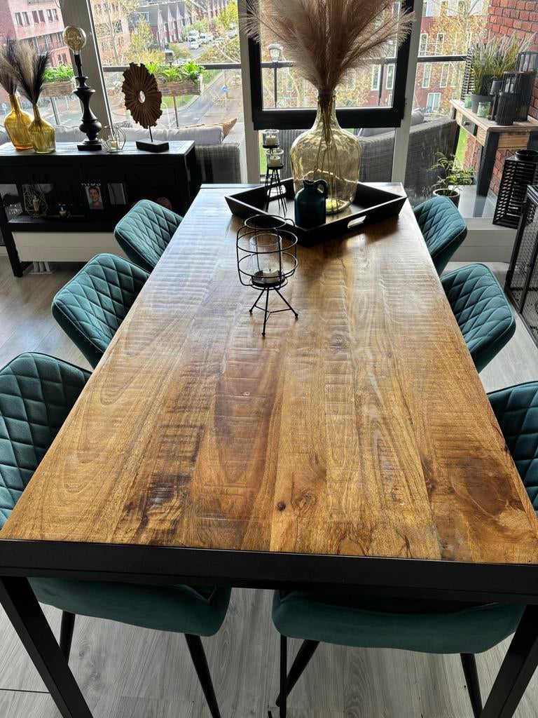 Mangohouten eettafel 200x90 cm met metalen poten, Ophalen, 200 cm of meer, 50 tot 100 cm, Zo goed als nieuw
