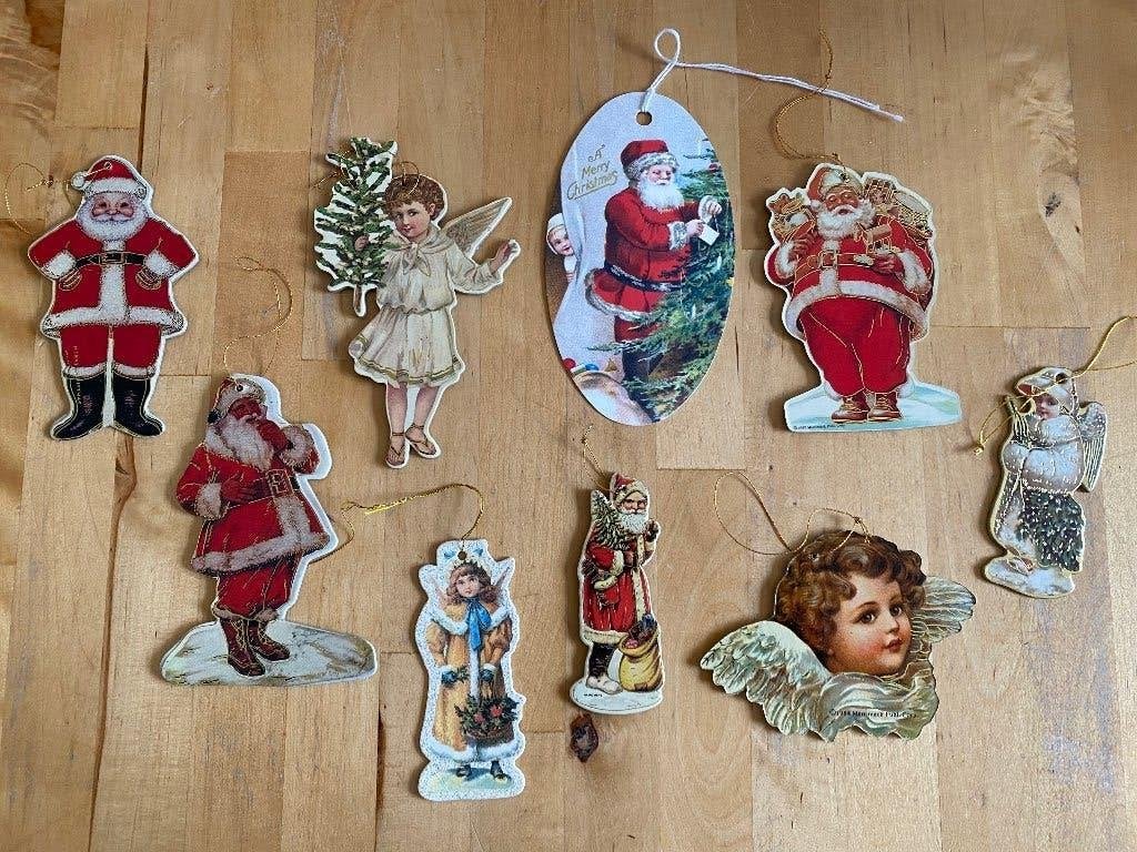 9 Vintage Kerst hangers antieke plaatjes karton oa Merrimack, Ophalen of Verzenden, Zo goed als nieuw