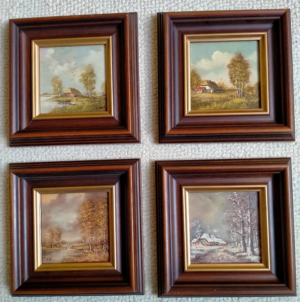 Vier jaargetijden schilderijtjes, Antiek en Kunst, Ophalen of Verzenden, Klassiek, Gesigneerd, Landschap