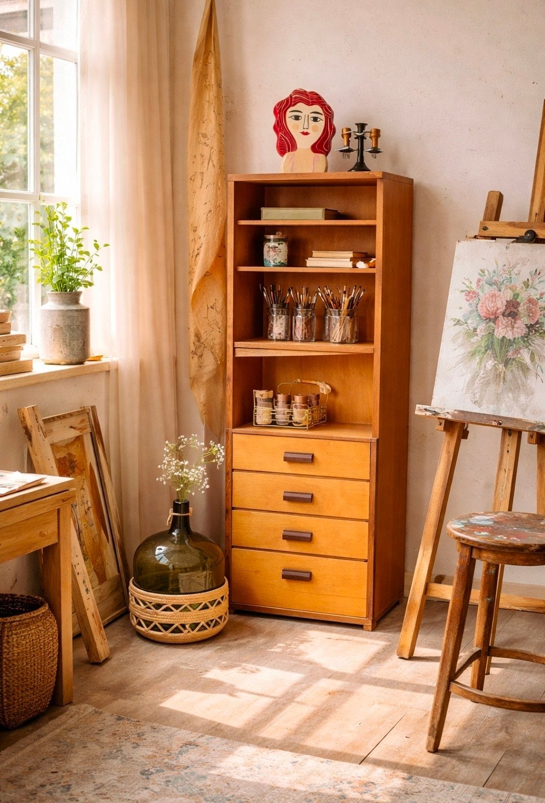 vintage school kastje met lades en vakken, boekenkast, Huis en Inrichting, Minder dan 50 cm, Gebruikt, Ophalen of Verzenden, 3 of 4 laden