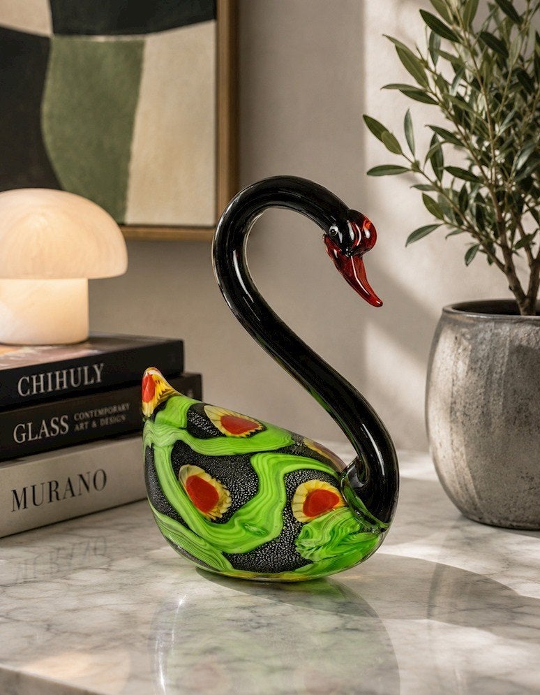 Murano Glas Zwaan Beeldje - Zwart met Groen en Rood, Ophalen of Verzenden