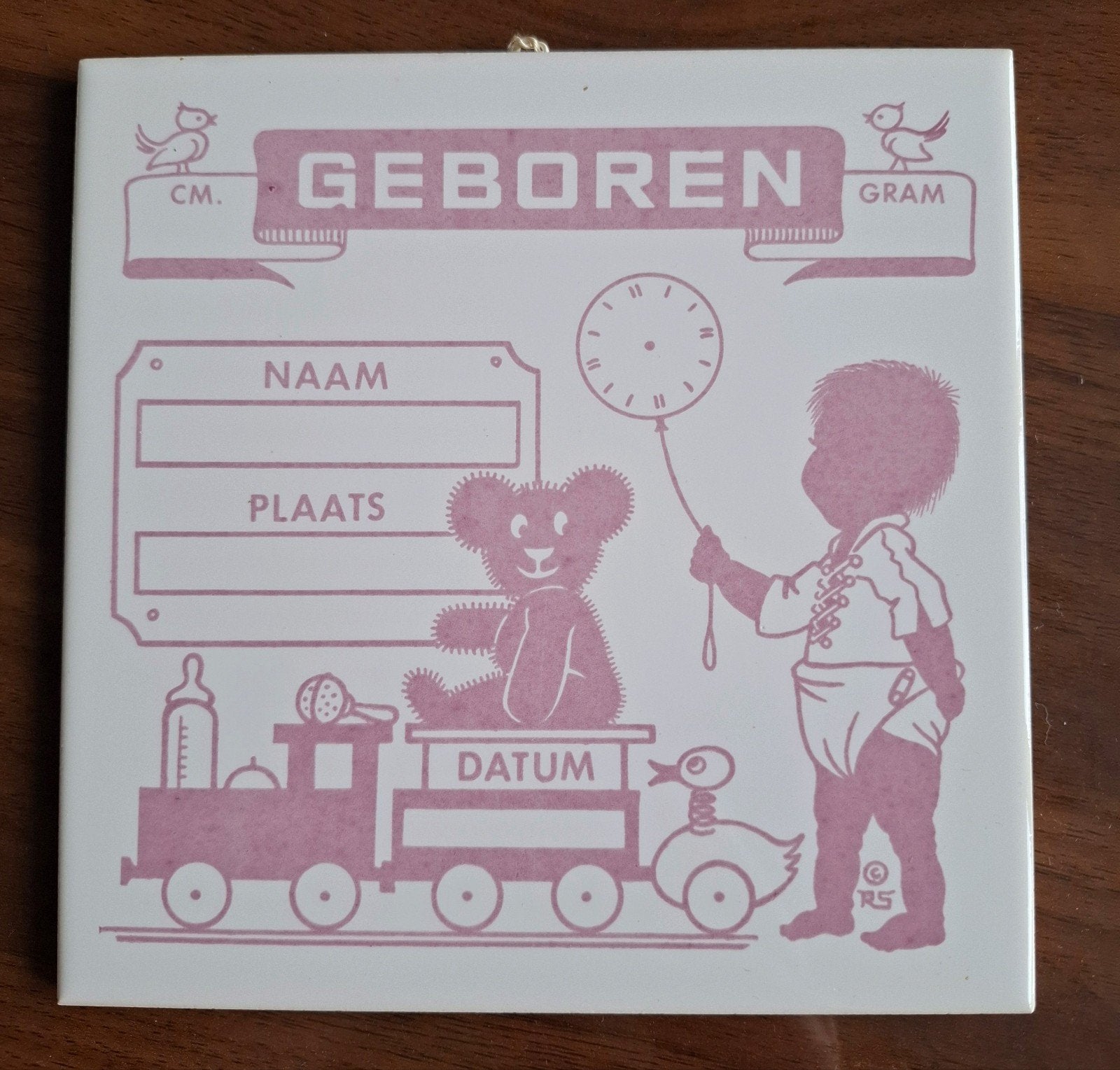 Vintage geboortetegel Royal Mosa Holland roze, Ophalen of Verzenden