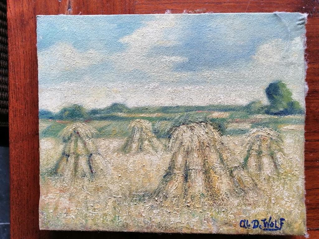 Olieverf op doel: graanschoven. gesigneerd., Ophalen of Verzenden