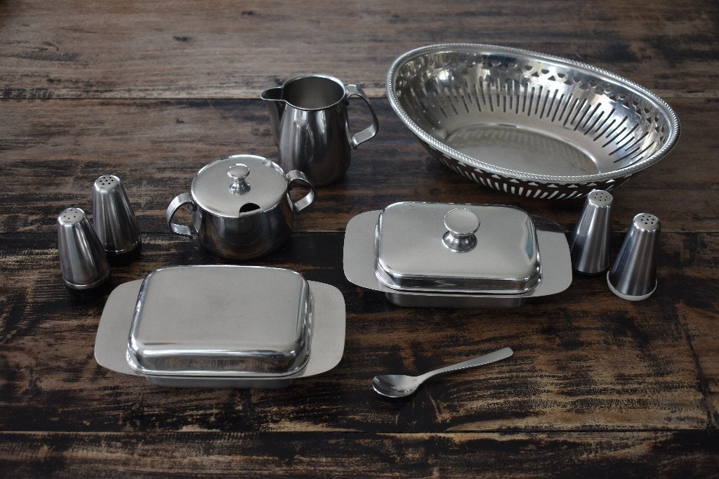 Alessi 2x peper zout suiker melk Mercurio mand, Ophalen of Verzenden, Gebruikt, Metaal, Alessi