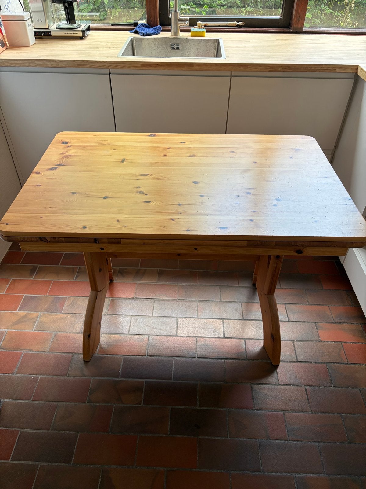 Uitschuifbare eettafel met 4 stoelen - grenenhout, Ophalen, Gebruikt, 100 tot 150 cm, 50 tot 100 cm