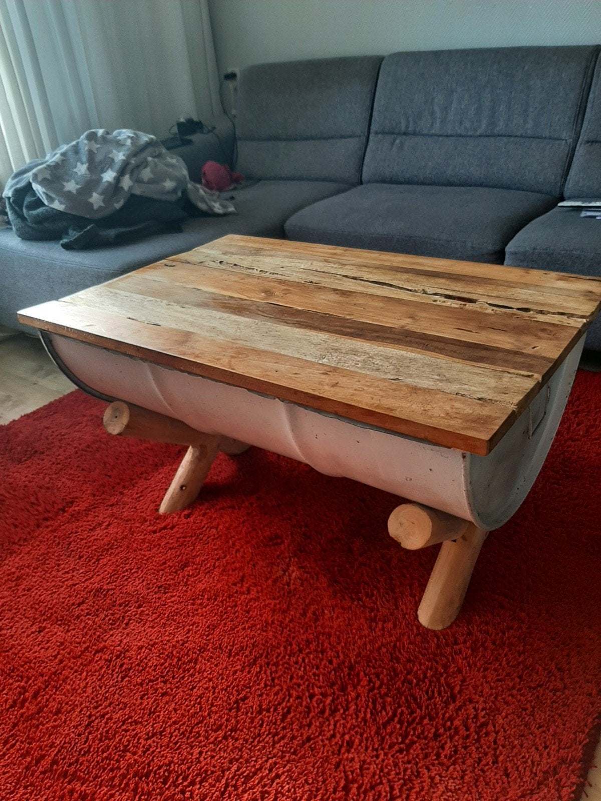 Unieke salontafel van olievat en hout, 50 – 75, Gebruikt, 100 tot 150 cm, 50 tot 100 cm