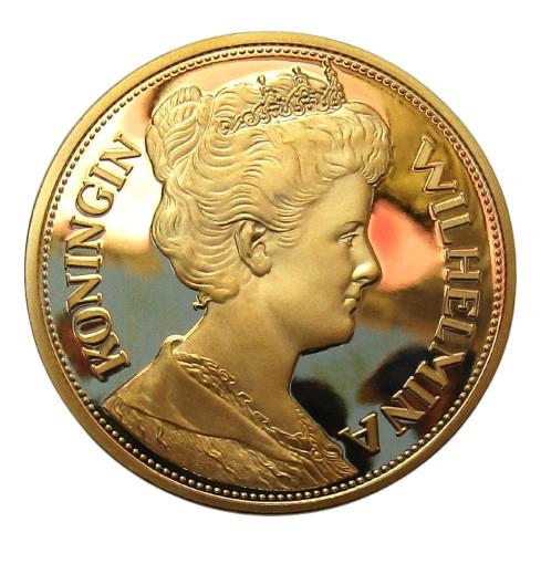 * 1912  -Prachtige Penning Wilhelmina 5 Gulden- Gold Plated*, Postzegels en Munten, Penningen en Medailles, Verzenden, Goud