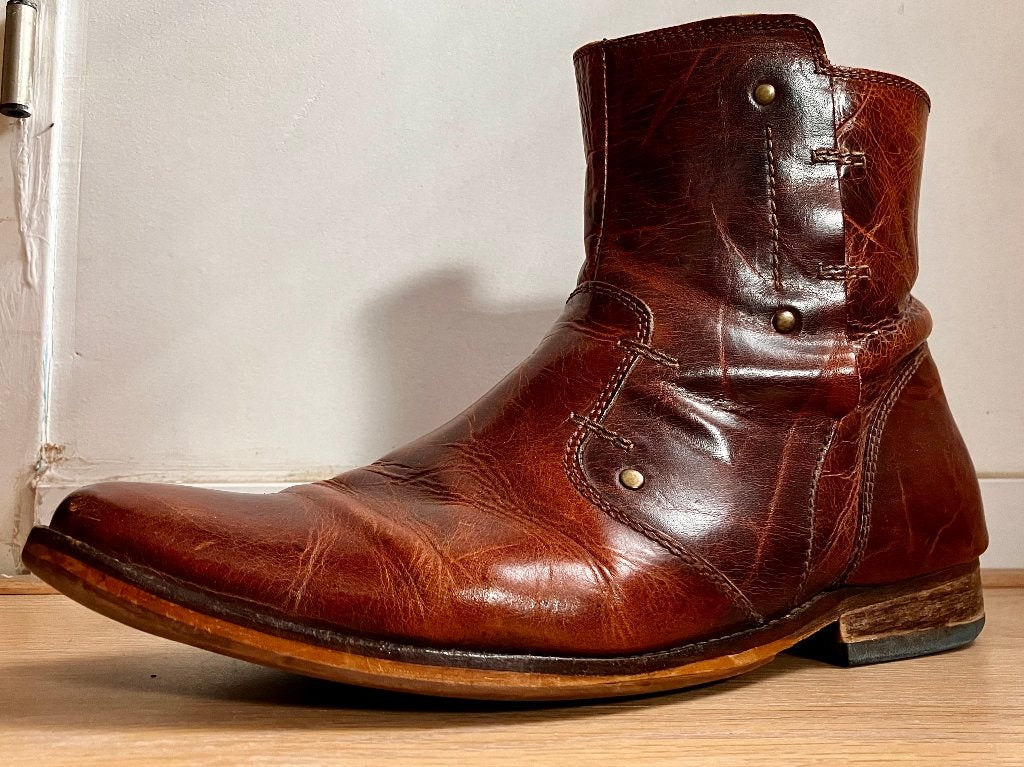 Vintage boots / bruine (lak)laarsjes maat 44,5, Kleding | Heren, Schoenen, Verzenden, Boots, Gedragen, Onbekend
