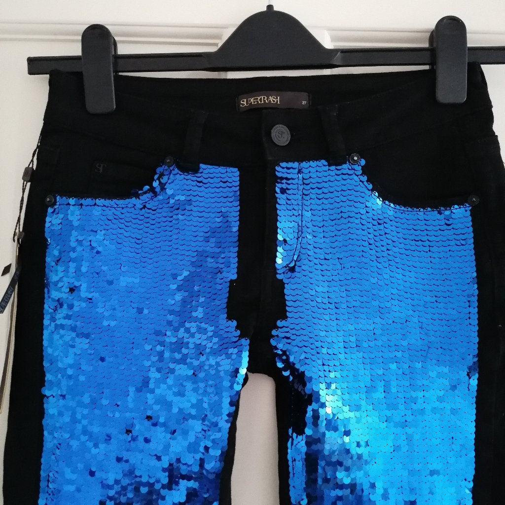 Supertrash nieuwe broek 1 kant blauwe pailletten 27 S 44553, Supertrash, Blauw, ., Nieuw