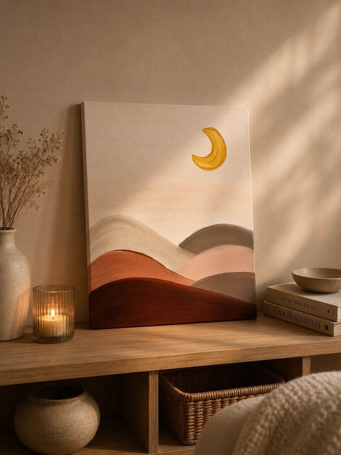 Handgeschilderd minimalistisch landschap met maan, Ophalen of Verzenden