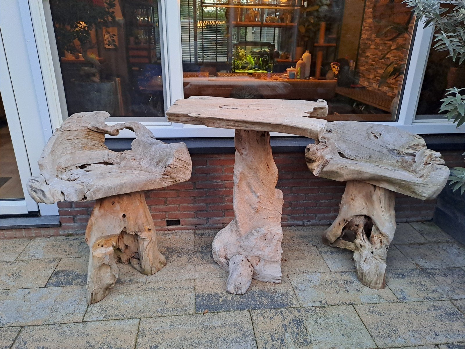 Unieke Teak Wortelhout Tuinset - Tafel & 2 Stoelen, Gebruikt, Teakhout, Tuinset, Eettafel
