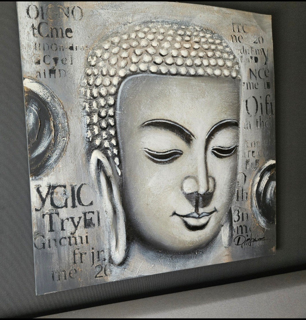 Boeddha schilderij met reliëf - Grijs/Zilver, Huis en Inrichting, Woonaccessoires | Boeddhabeelden, Ophalen, Met reliëf, Grijs