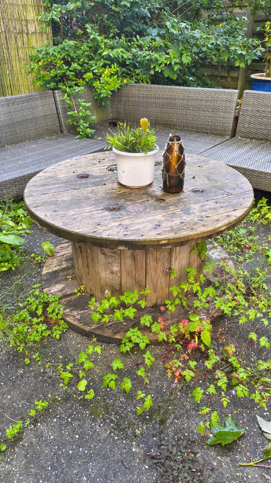 Unieke houten kabelhaspel tuintafel, Ophalen of Verzenden, Rond, Hout