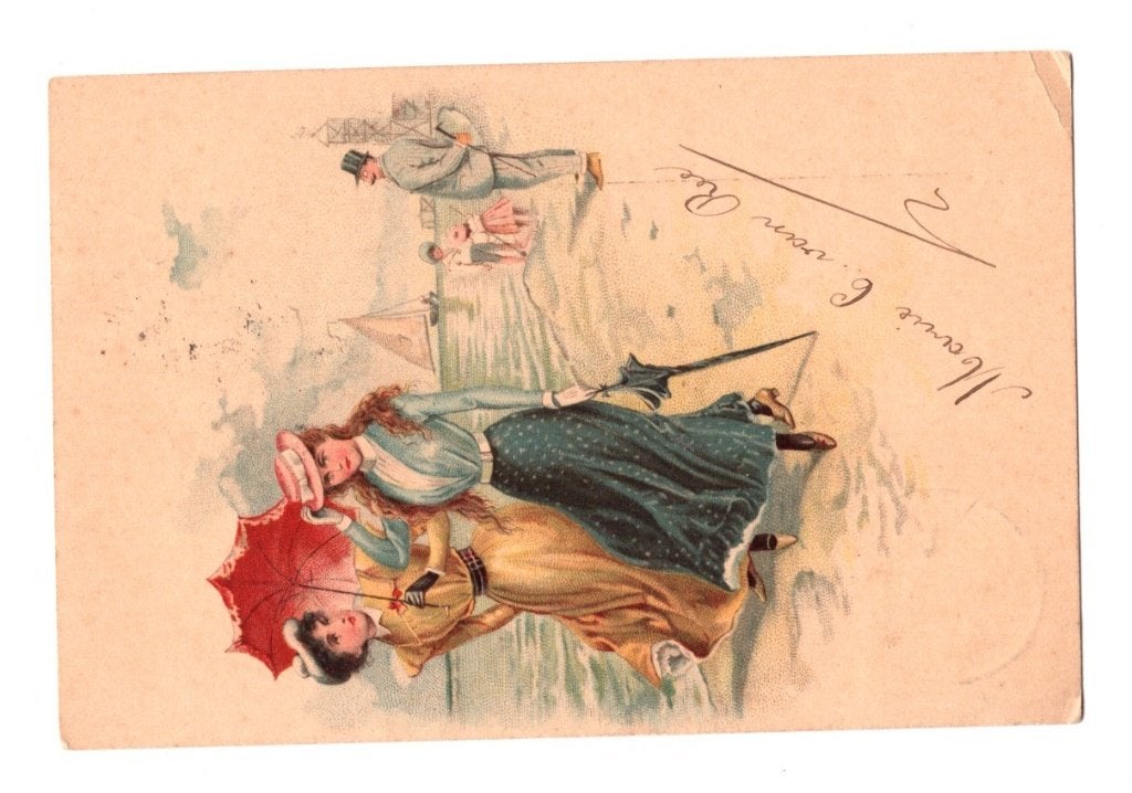 Antieke Ansichtkaart Dames met Parasol Wandeling Gelopen, Ophalen of Verzenden, Voor 1920, Gelopen