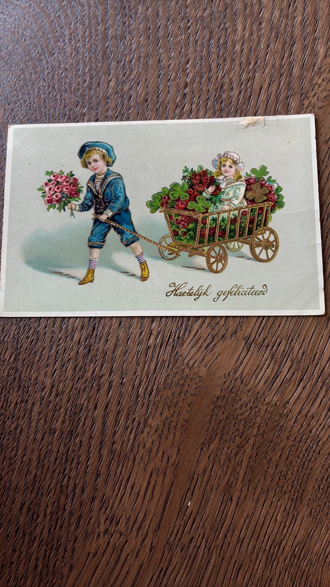 Felicitatie. Kinderen, goudopdruk, kar bloemen, klaver, Ophalen of Verzenden, Kinderen