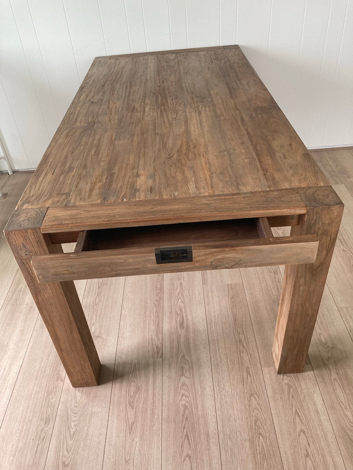 Robuuste Teakhouten Eettafel met 2 Lades, Ophalen, Teakhout, 50 tot 100 cm, Zo goed als nieuw
