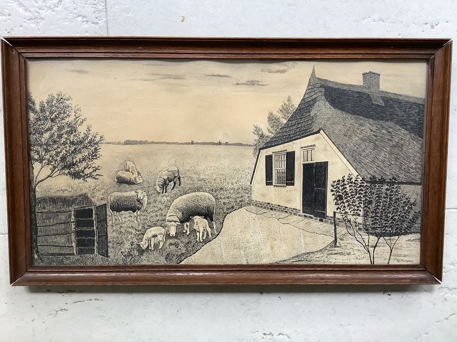 Oude pentekening pen tekening P.J. Bongers 45 bij 25.5 cm, Ophalen of Verzenden