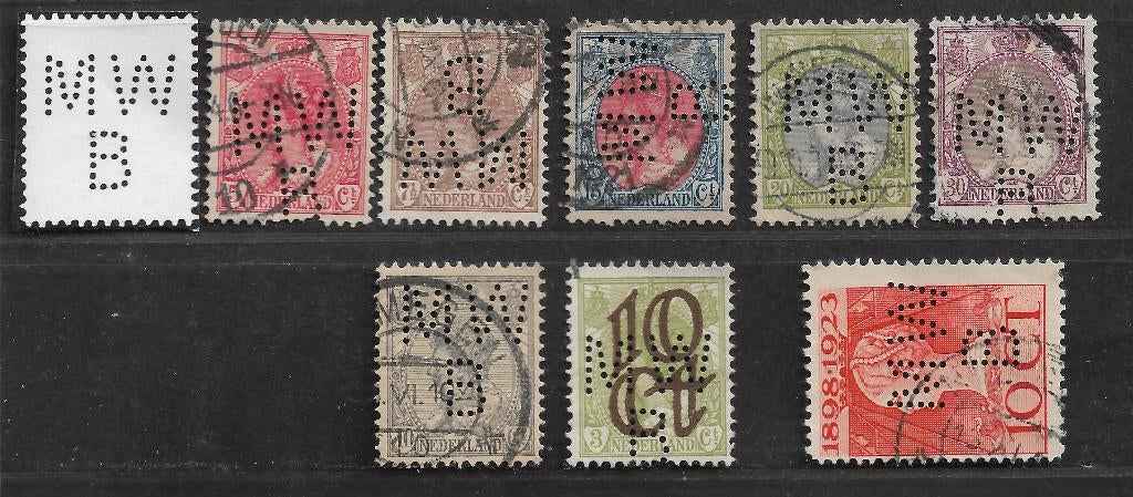 Perfins Nederland  - - -   8  zegels met Perfin  MWB, Verzenden, T/m 1940, Gestempeld