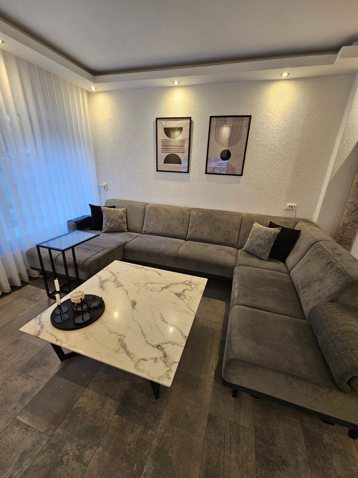 Grote hoekbank in taupe stof, Ophalen, Modern, Comfortabel, Gebruikt, Hoekbank