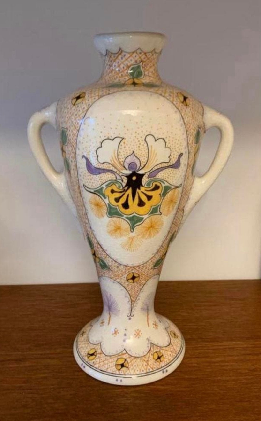Vaas zeldzame art nouveau plateel amphora polychroom vaasje, Ophalen of Verzenden