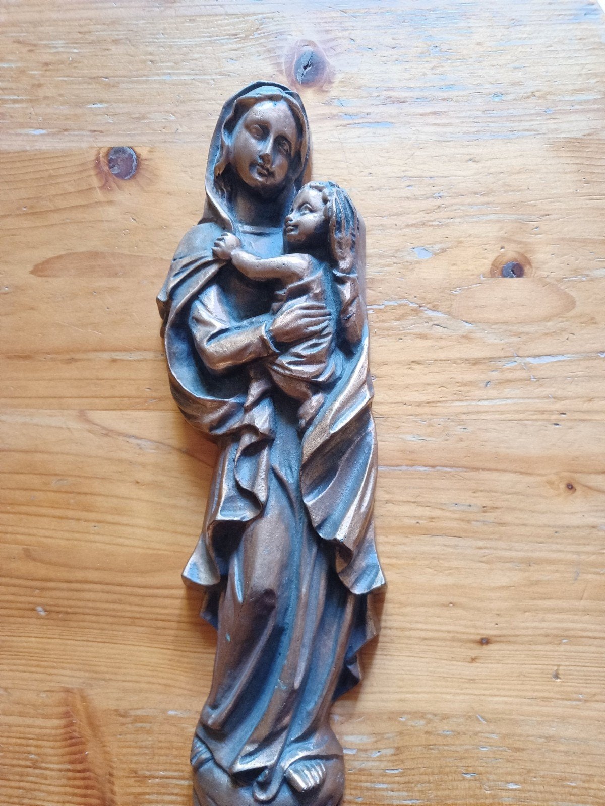 Antiek bronzen Mariabeeld Maria met kindje Jezus, Ophalen of Verzenden