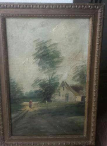 oud olieverf hout schilderij boerderijtje met vrouw Lansing, Ophalen