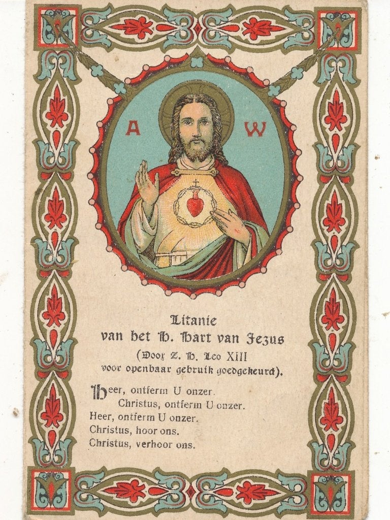Mooi oud gebedsprent met de litanie van het H.Hart van Jezus, Ophalen of Verzenden, Zo goed als nieuw, Kaart of Prent, Christendom | Katholiek