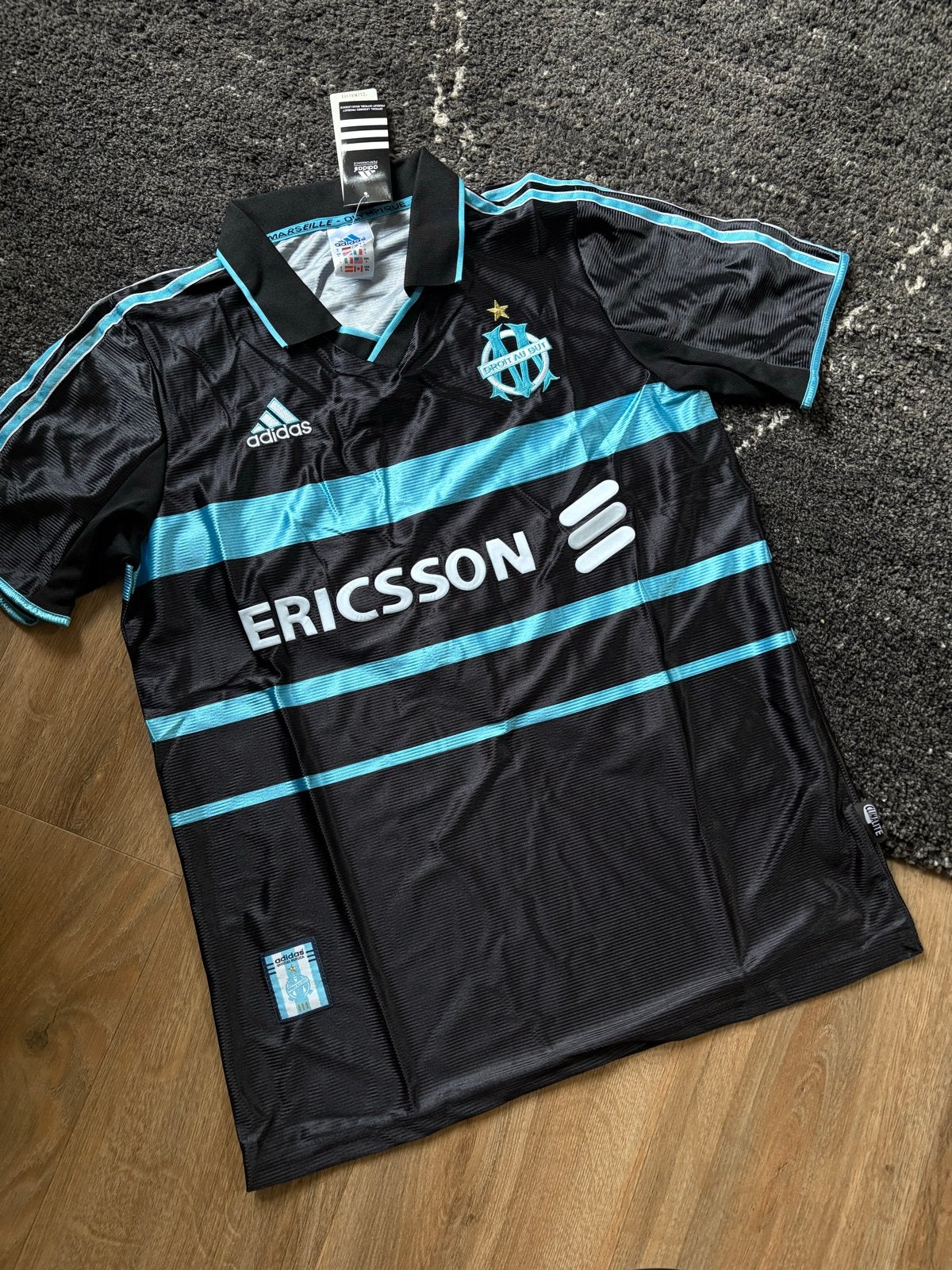 Vintage Adidas Olympique Marseille Voetbalshirt Zwart/Blauw, Kleding | Heren, Maat 52/54 (L), Zwart, Ophalen of Verzenden, Zo goed als nieuw