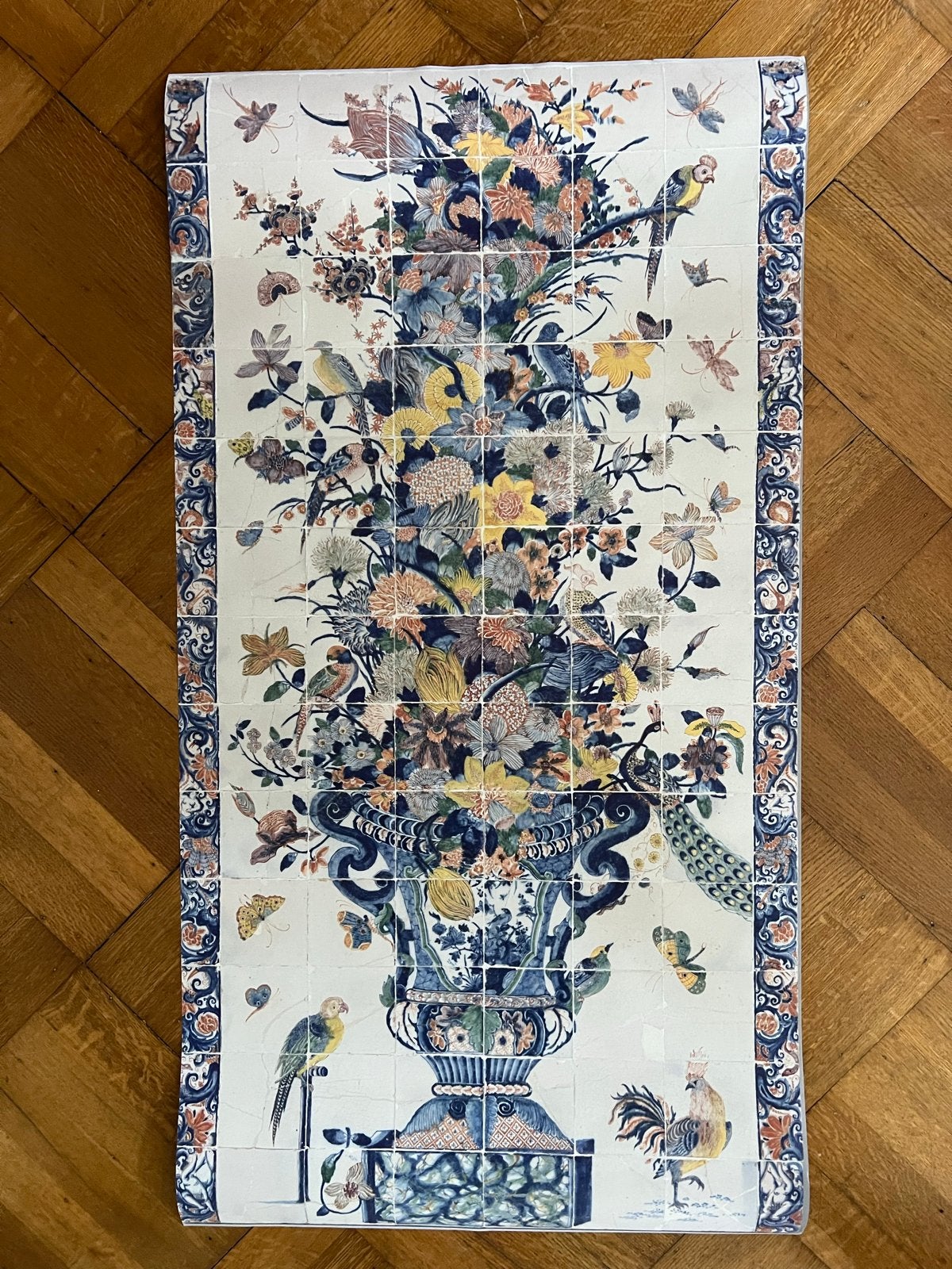 Poster - Tegeltableau met bloemstilleven, vogels en insecten, Ophalen of Verzenden