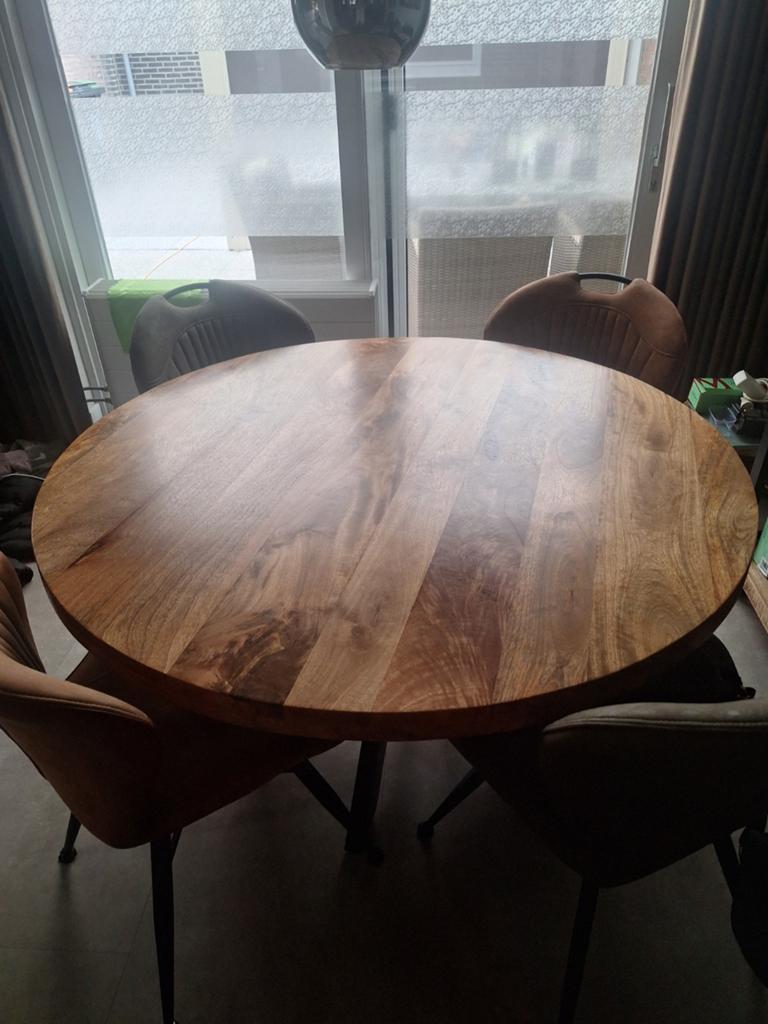 Mango houten tafel, Ophalen, Rond, Zo goed als nieuw, 100 tot 150 cm