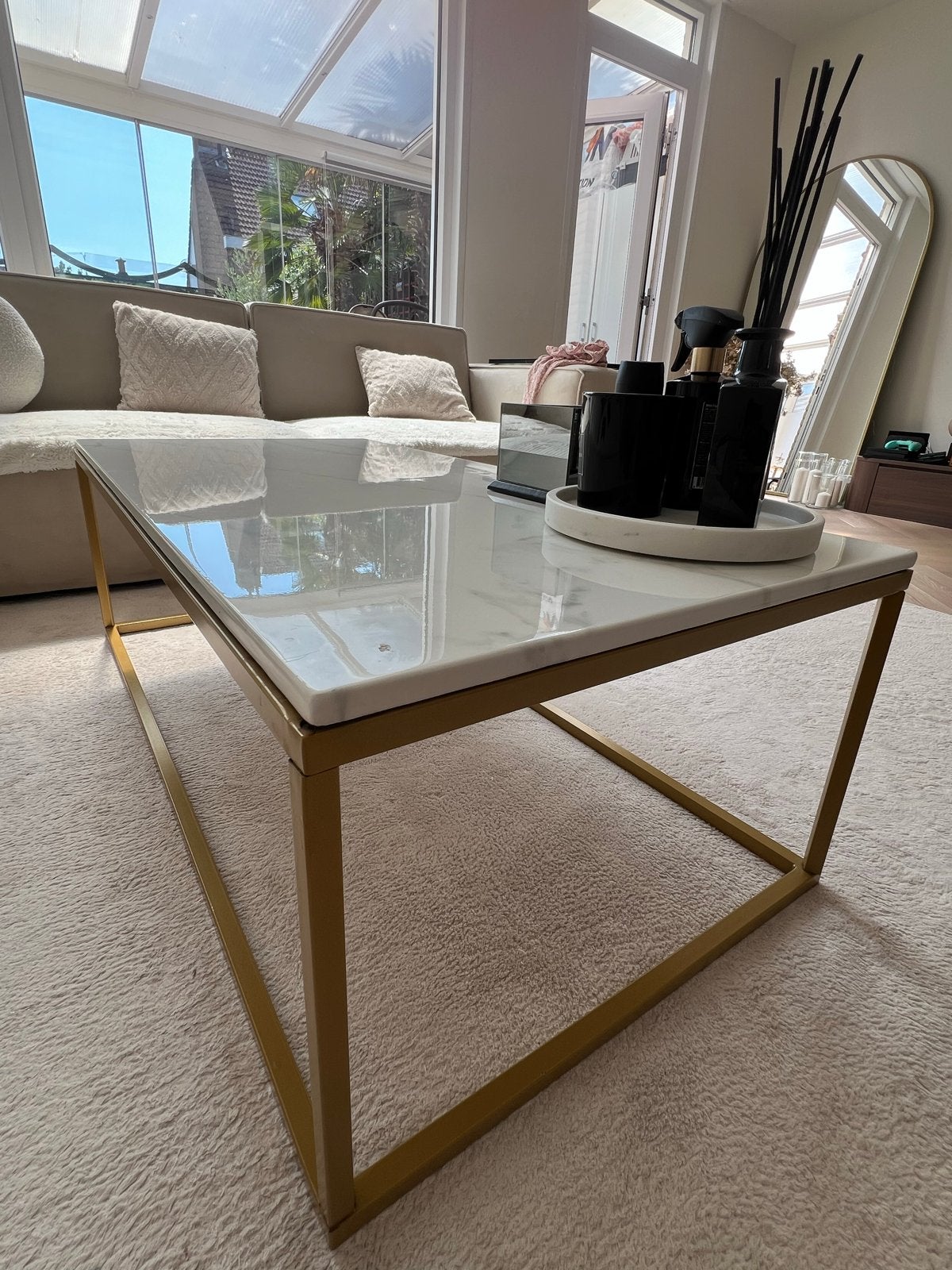 Gouden salontafel met marmeren blad - 120x60x40cm, Huis en Inrichting, Tafels | Salontafels, Ophalen, Gebruikt, 50 tot 100 cm