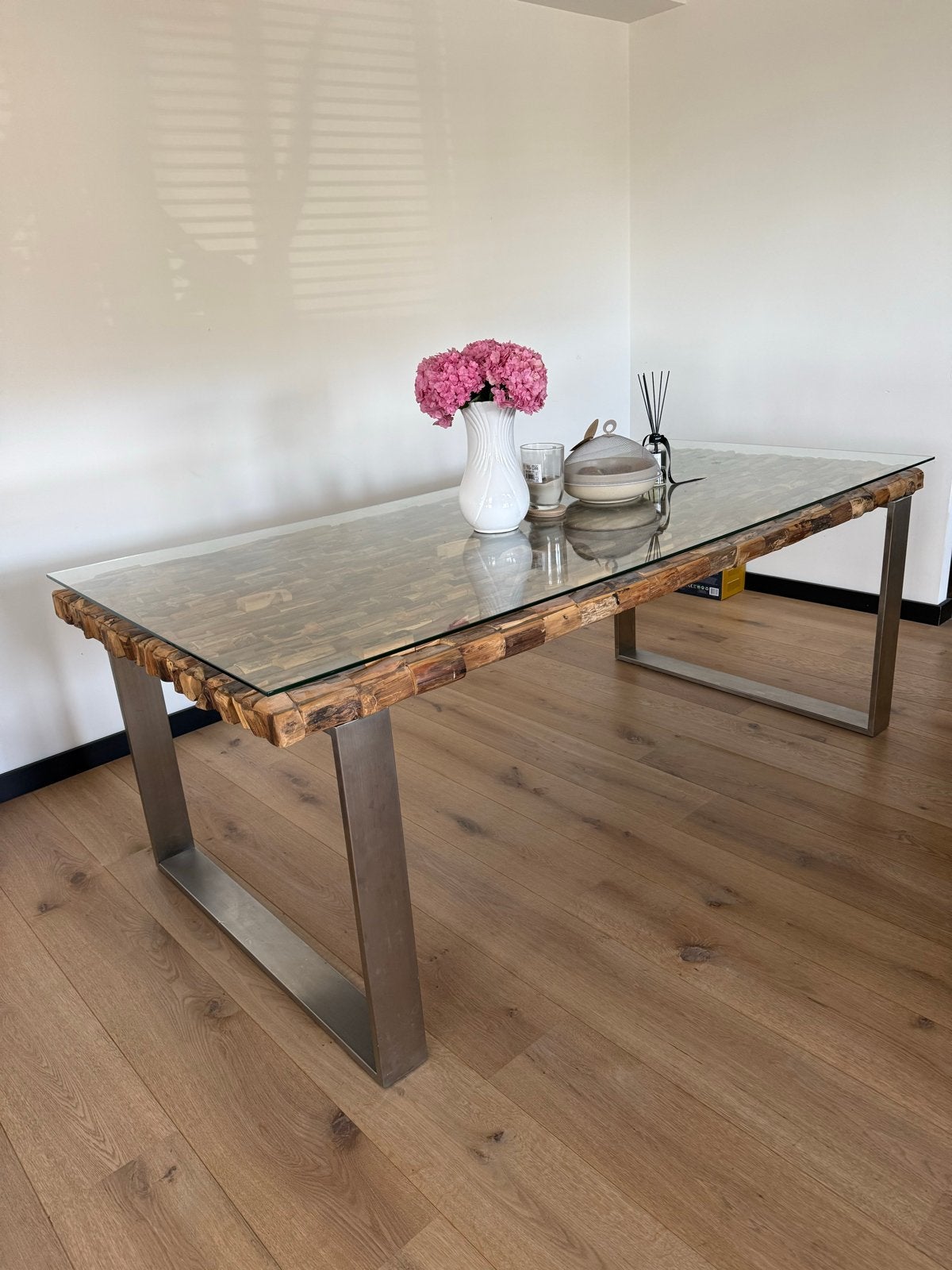 Rofra eettafel 210x100cm met glazen blad, Ophalen, Gebruikt, 200 cm of meer, Vijf personen of meer